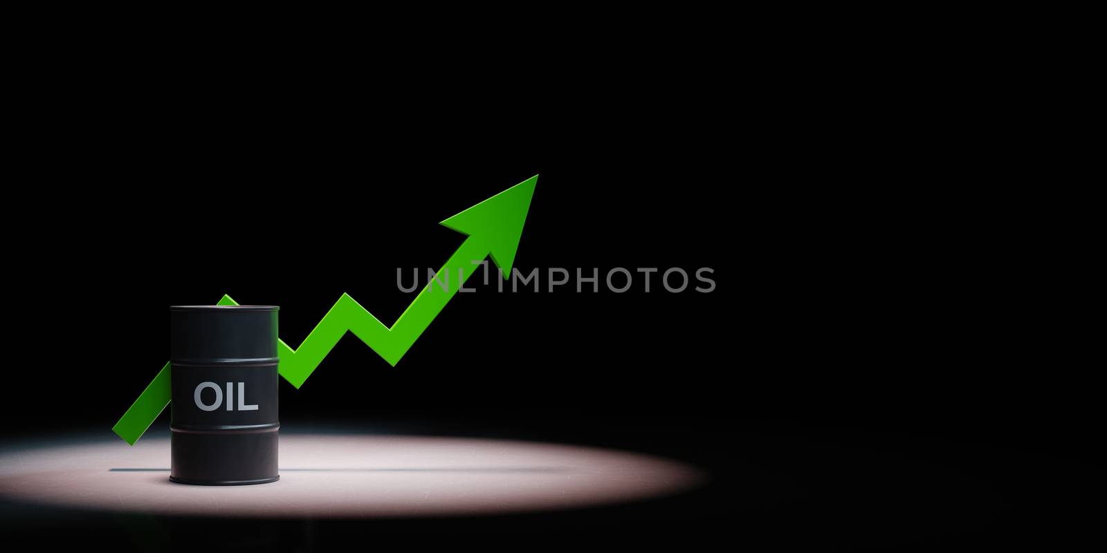 Oil Barrel With Rising Arrow Chart Spotlighted on Black Background by make