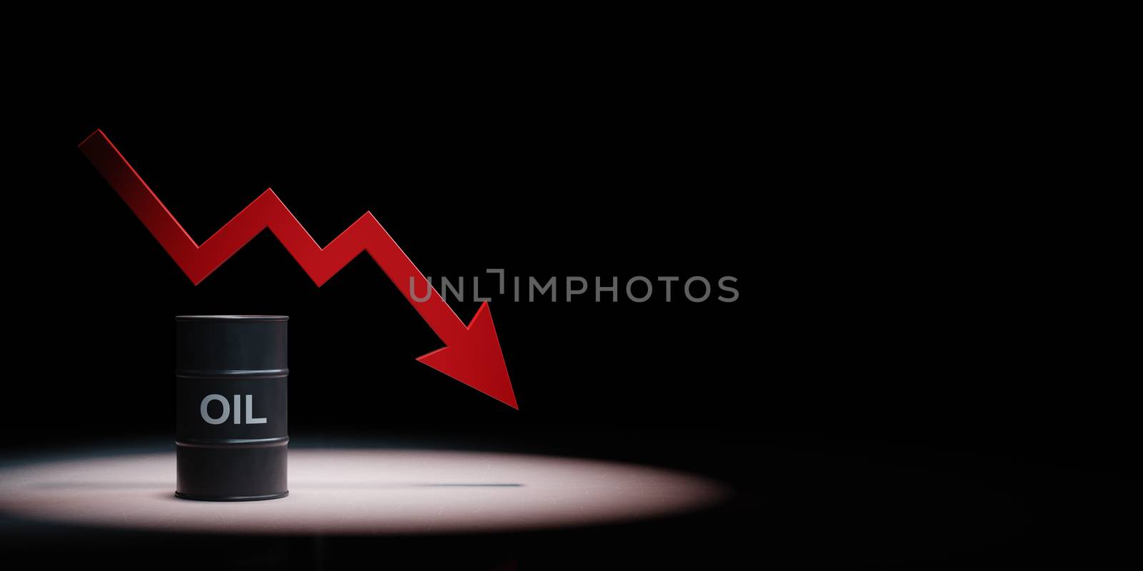 Single Black Oil Barrel With Red Falling Arrow Chart Spotlighted on Black Background with Copy Space 3D Illustration