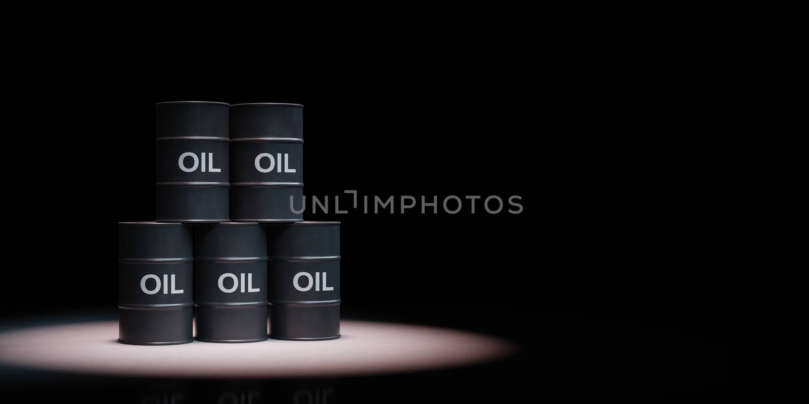 Stack of Black Oil Barrels Spotlighted on Black Background with Copy Space 3D Illustration