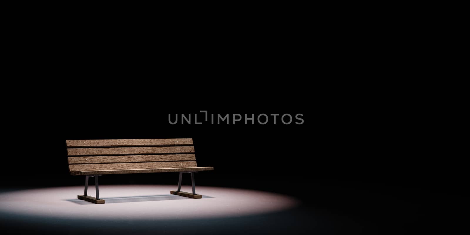 One Single Wooden Bench Spotlighted on Black Background with Copy Space 3D Illustration