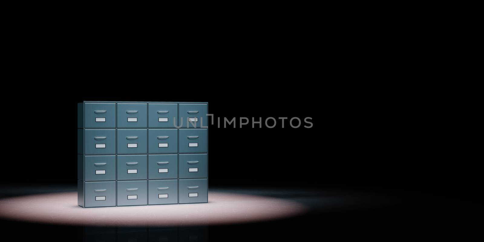Metallic Archive Rack Spotlighted on Black Background with Copy Space 3D Illustration