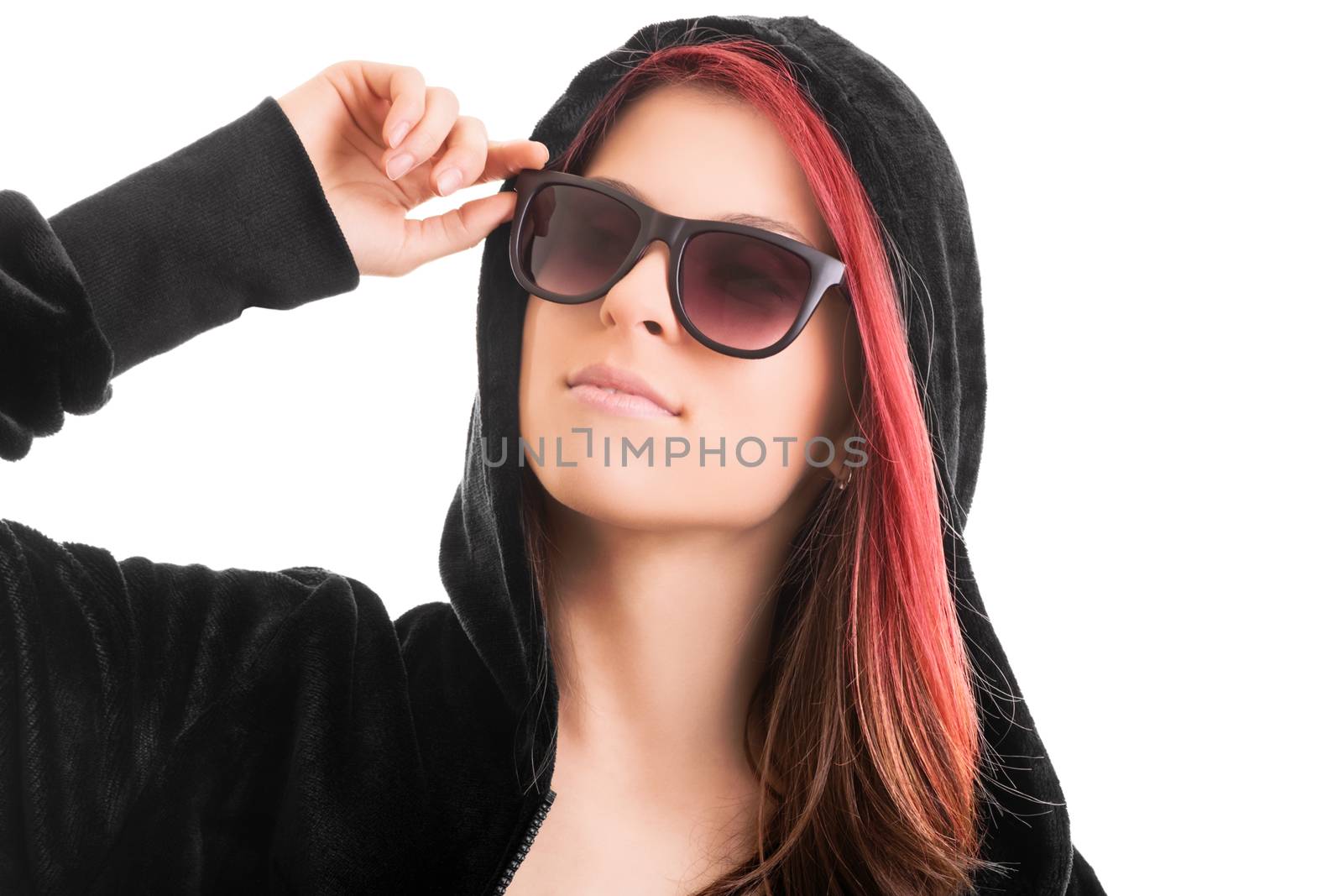 Portrait of a beautiful stylish girl with hoodie and sunglasses by Mendelex