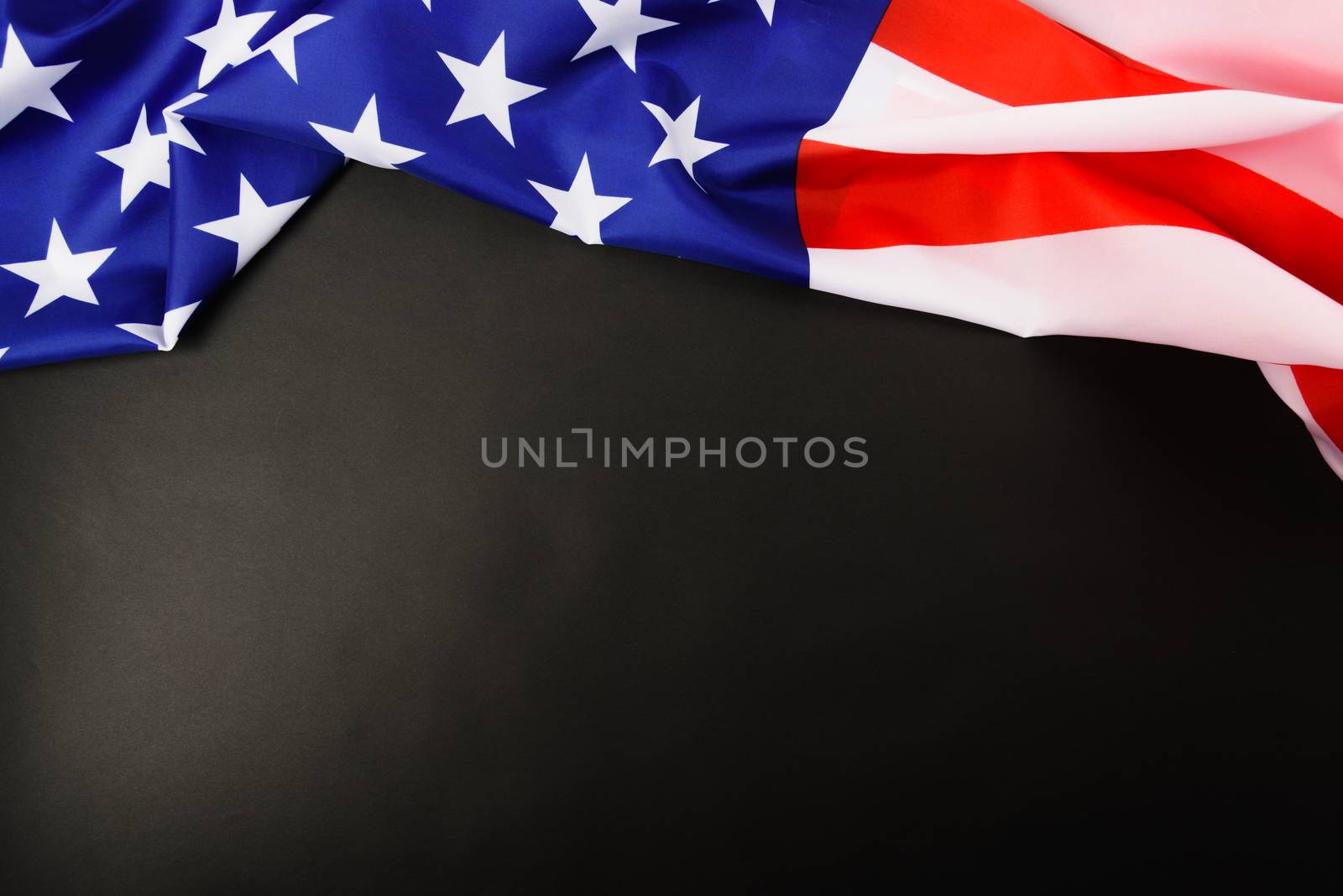 Martin luther king day, flat lay top view, American flag democracy on black background with copy space for your text