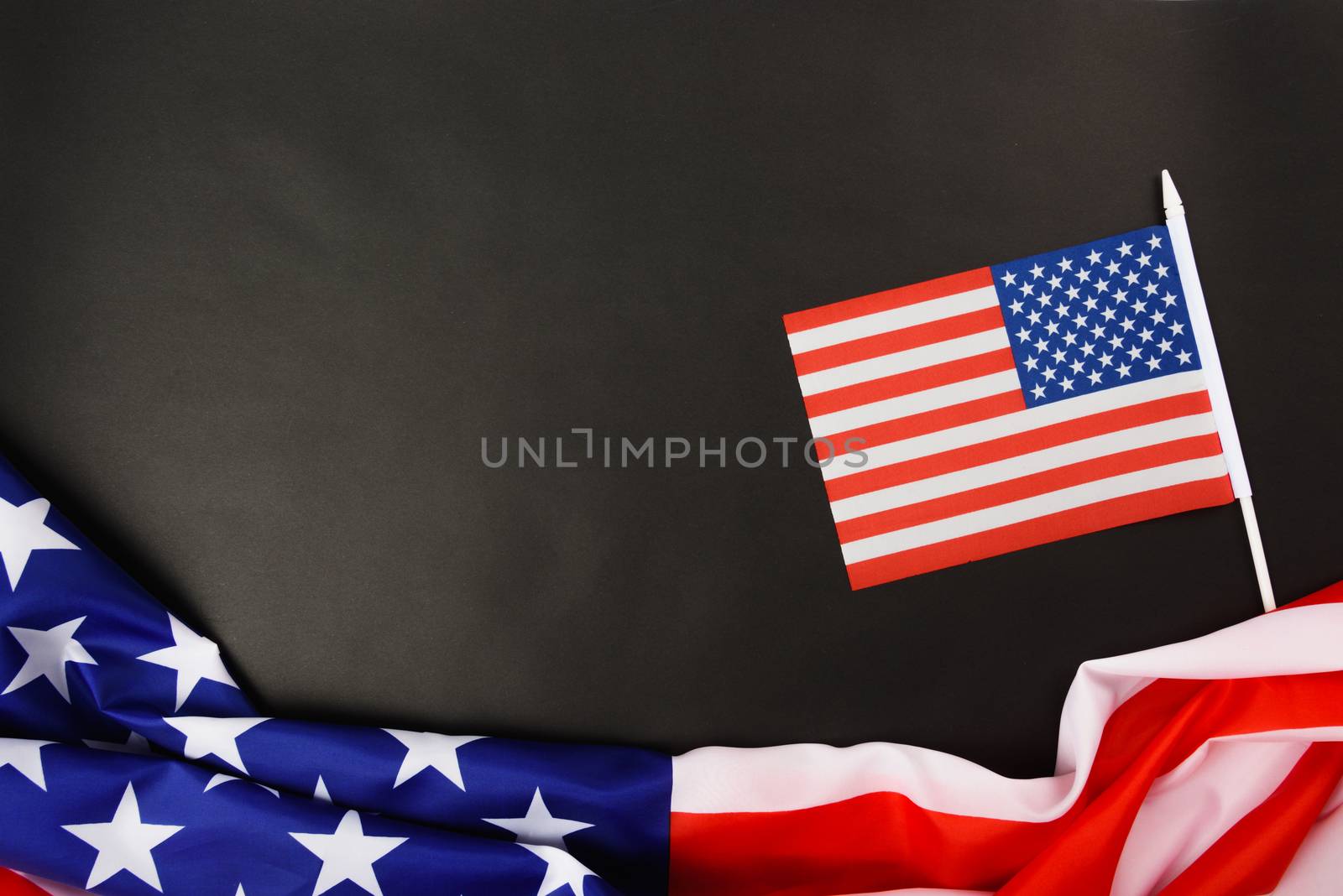 Martin luther king day, flat lay top view, American flag democracy on black background with copy space for your text