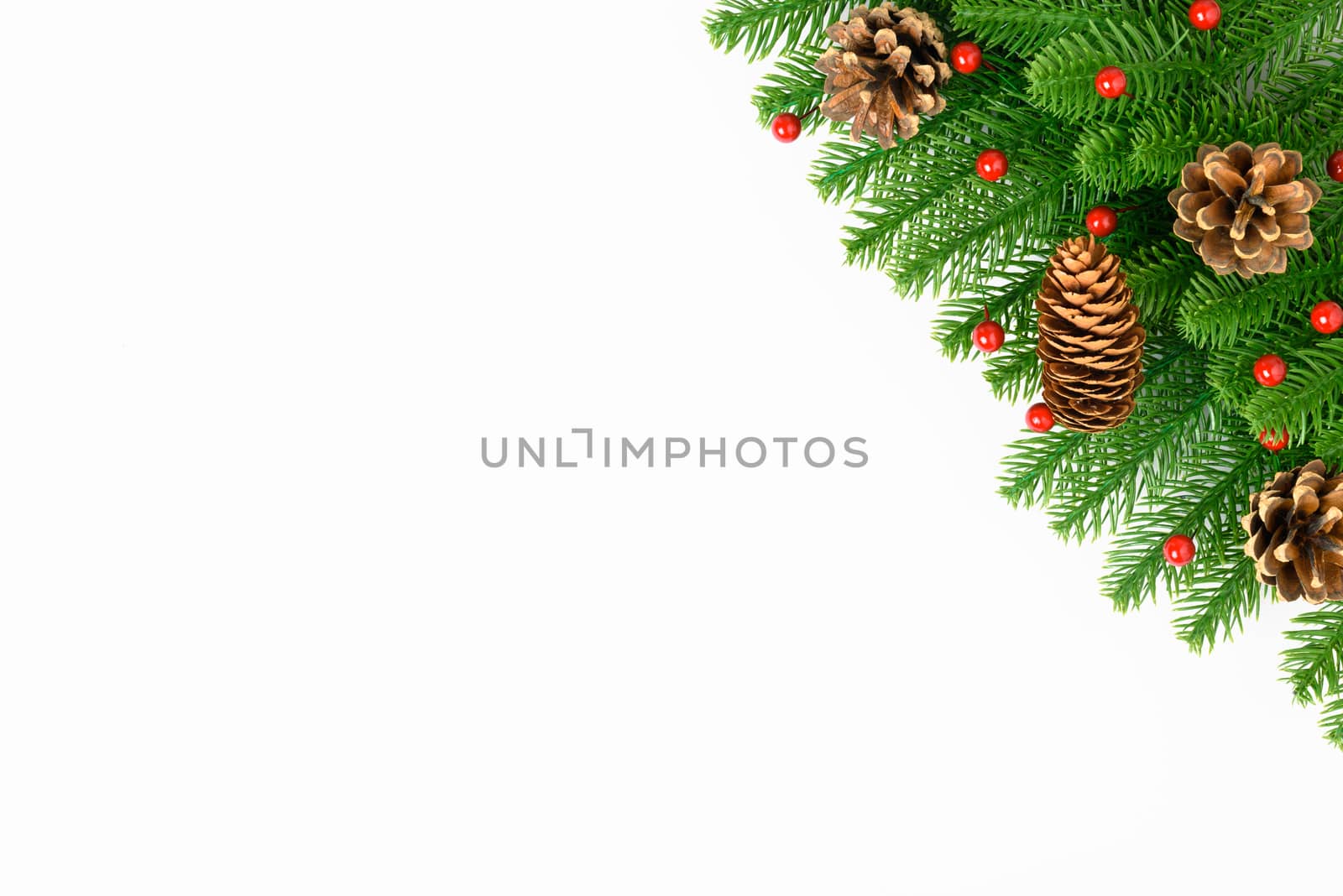 Happy new year or christmas day top view decorative fir tree on white background with copy space for your text