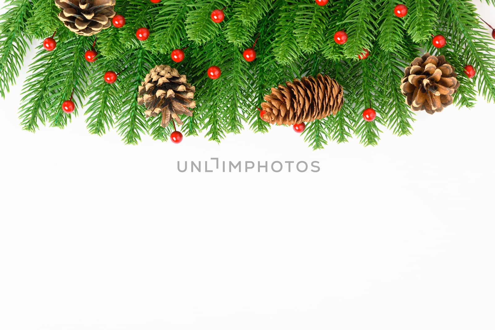 Happy new year or christmas day top view decorative fir tree on white background with copy space for your text