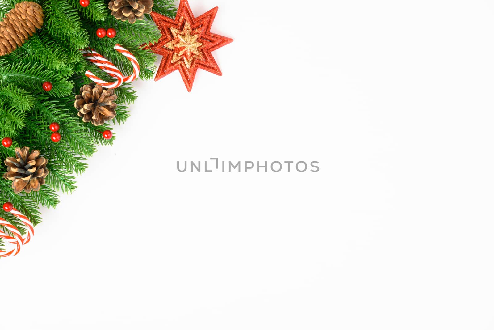 Happy new year or christmas day top view decorative fir tree on white background with copy space for your text