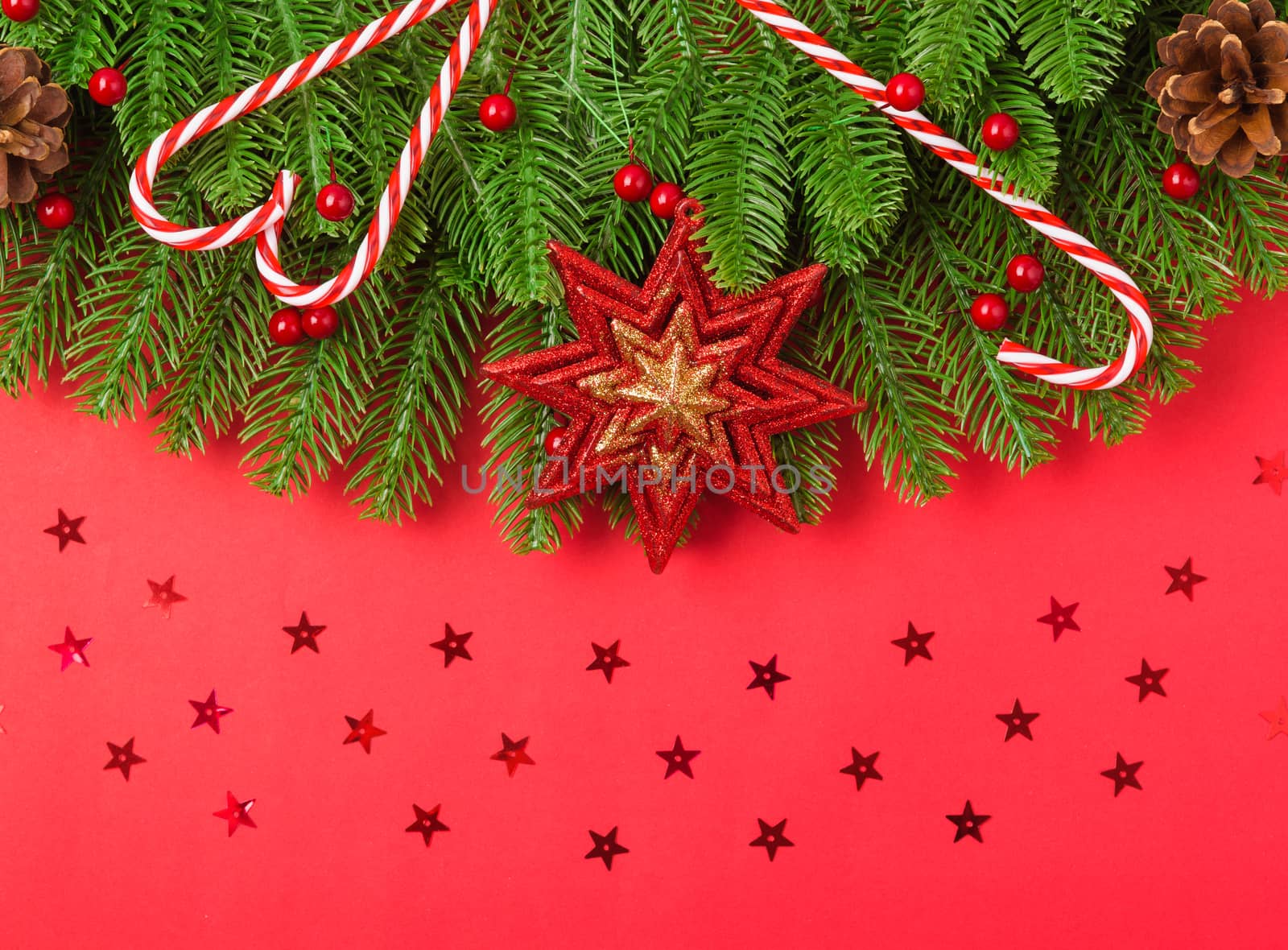 Happy new year or christmas day top view flat lay fir tree branc by Sorapop