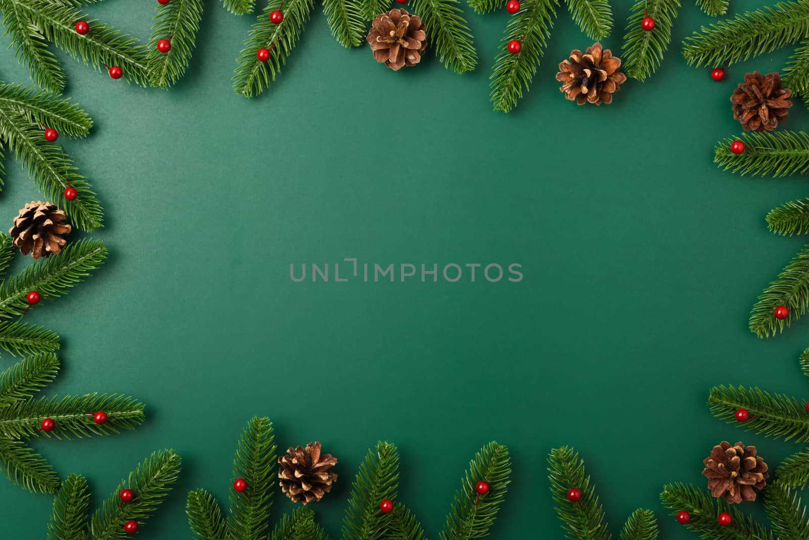 Happy new year, christmas day concept top view flat lay fir tree branches and decoration on Olive Green background with copy space for your text