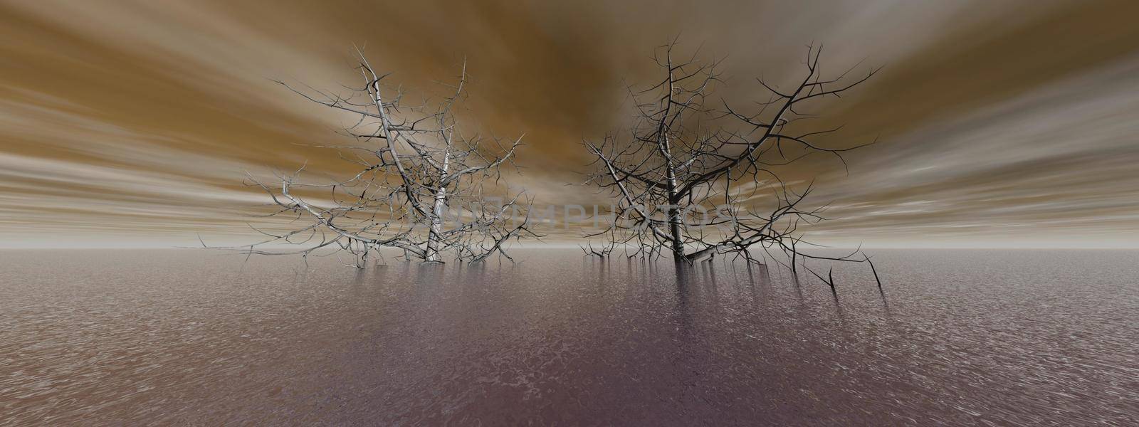 beautiful ocean view with two large trees and sky - 3d rendering