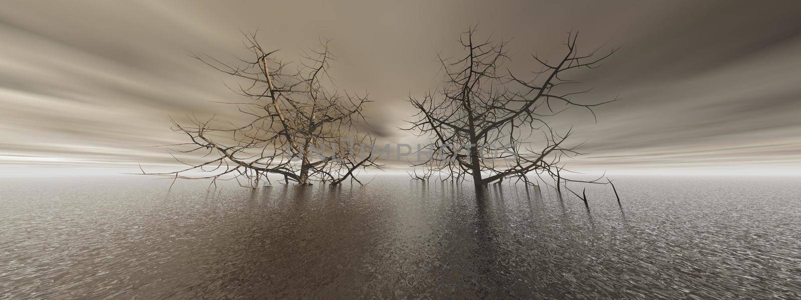beautiful ocean view with two large trees - 3d rendering by mariephotos