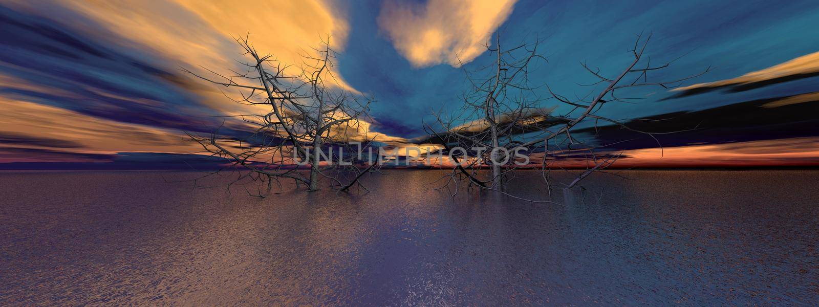 beautiful ocean view with two large trees and sky - 3d rendering