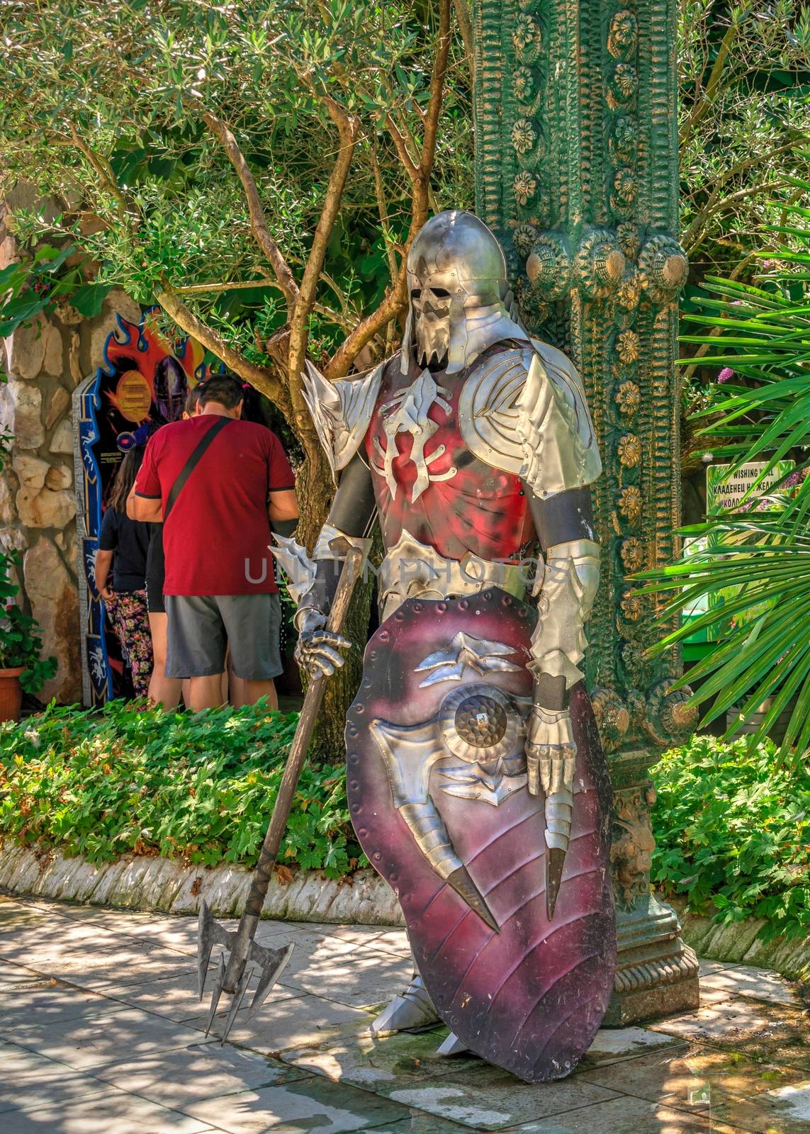 Ravadinovo, Bulgaria – 07.11.2019.  Sculpture of a knight in armor in the castle of Ravadinovo, Bulgaria, on a sunny summer day