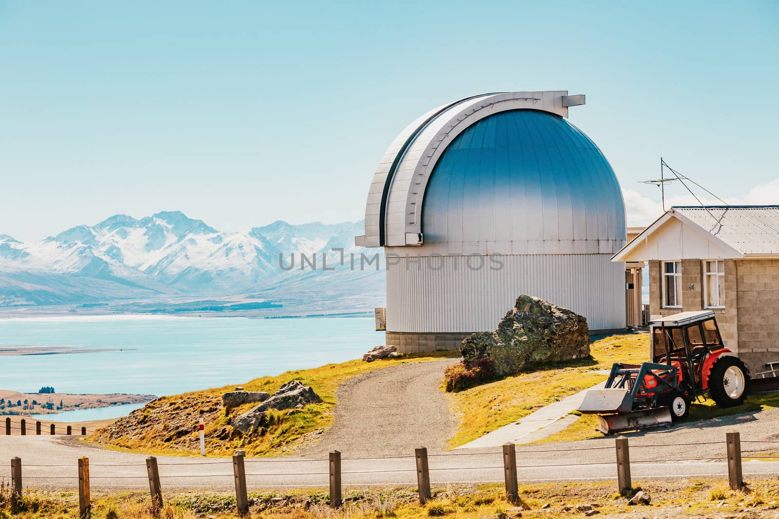 Mount John's Observatory at Mt John in autumn season near Tekapo lake Southern Alps mountain valleys New Zealand