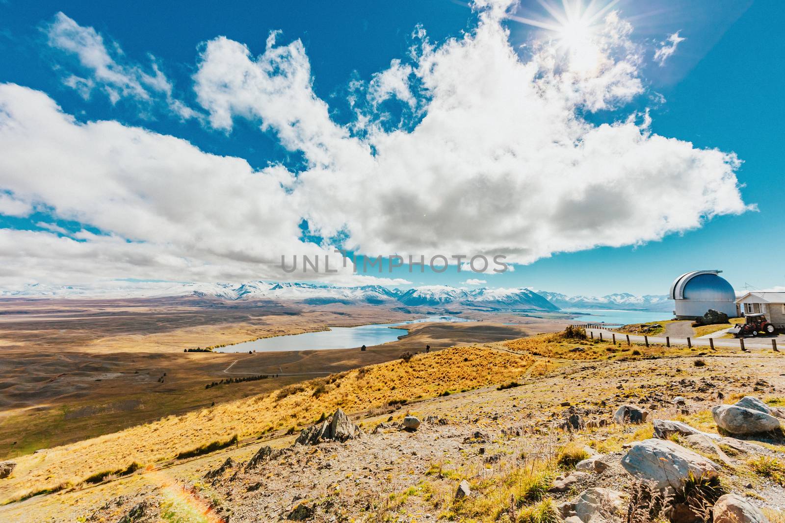 Mount John's Observatory at Mt John in autumn season near Tekapo lake Southern Alps mountain valleys New Zealand