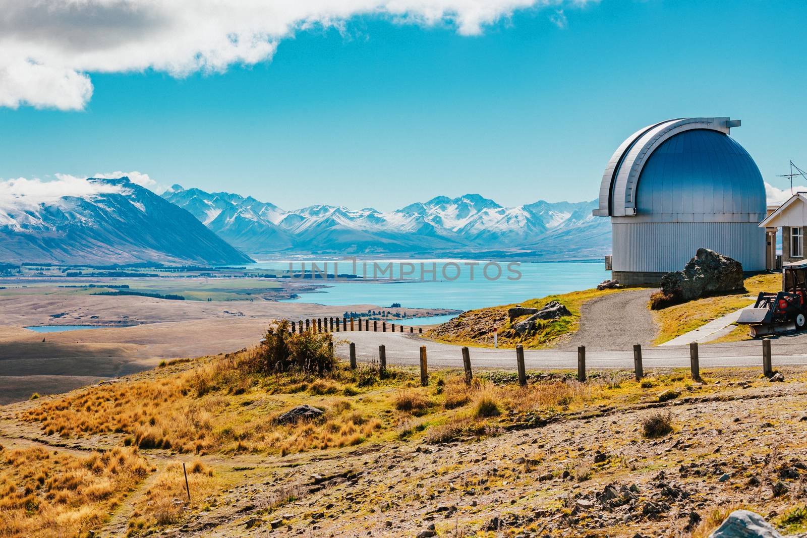 Mount John's Observatory at Mt John in autumn season near Tekapo lake Southern Alps mountain valleys New Zealand