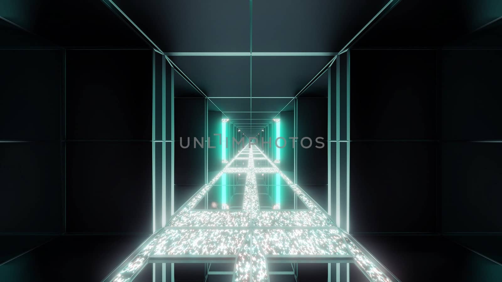 futuristic sci-fi space temple with glowing diamonds christmas texture 3d illustration background wallpaper, endless space scifi tunnel corridor 3d rendering design graphic