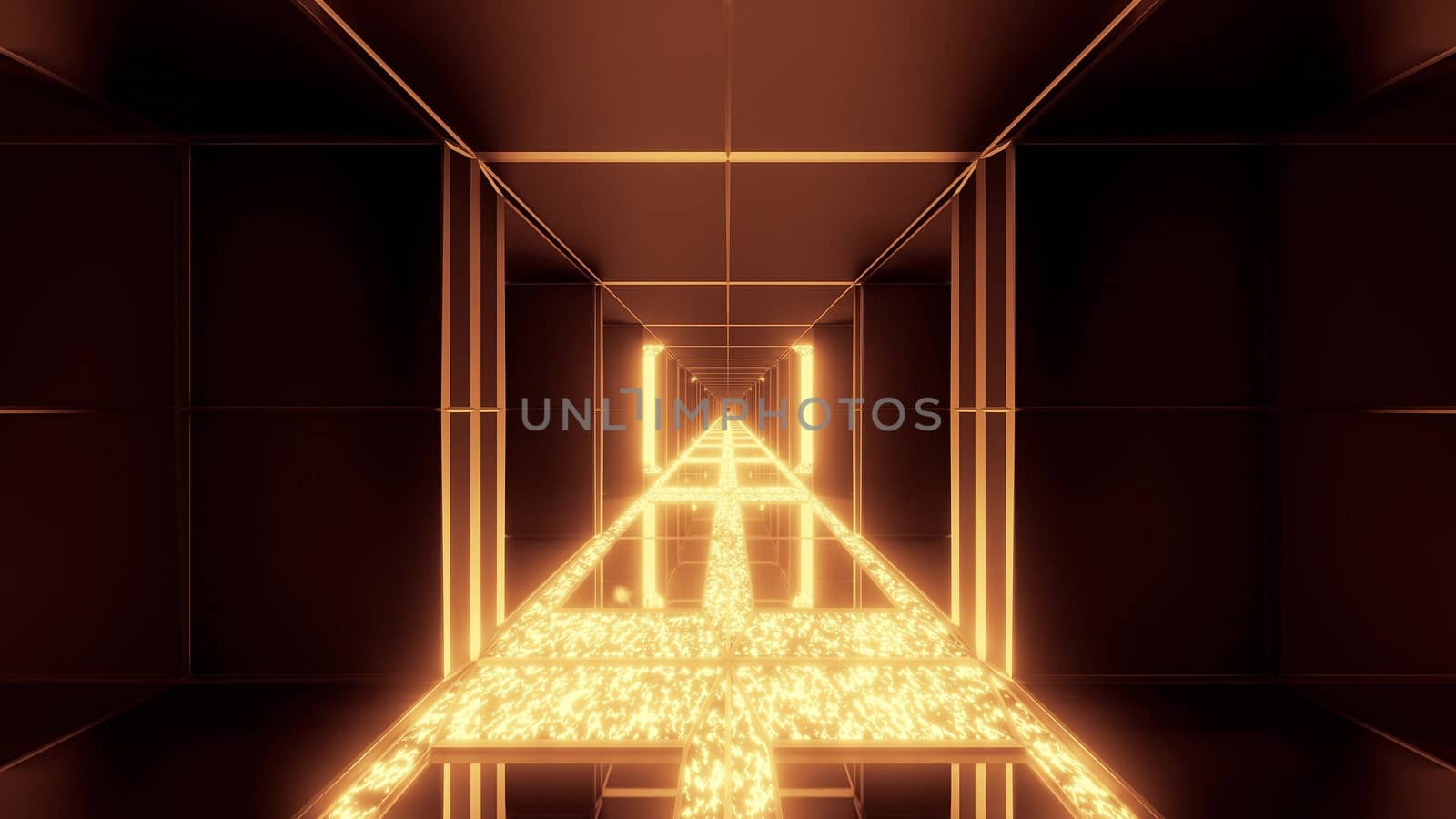 futuristic sci-fi space temple with glowing diamonds christmas texture 3d illustration background wallpaper, endless space scifi tunnel corridor 3d rendering design graphic