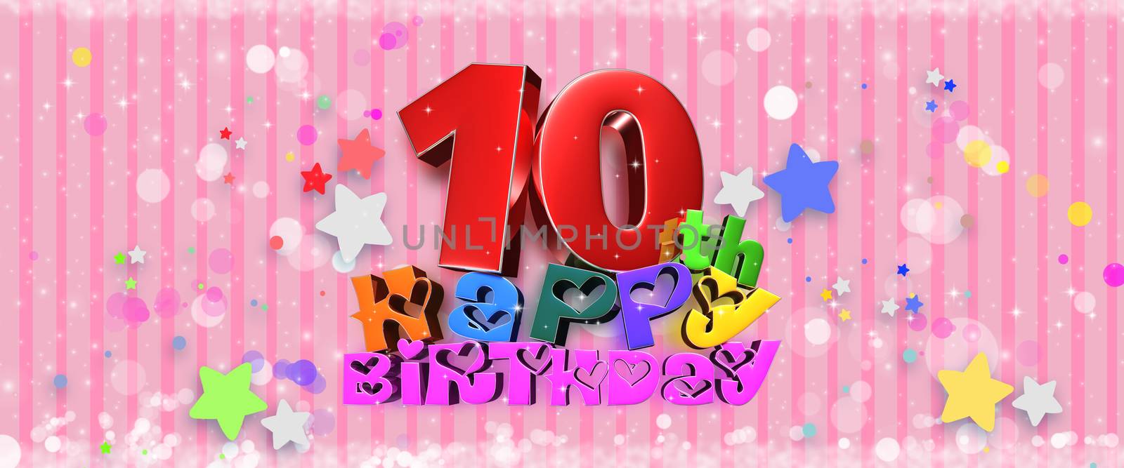 Happy Birthday 10th 3d illustration Pink background with glittering stars.