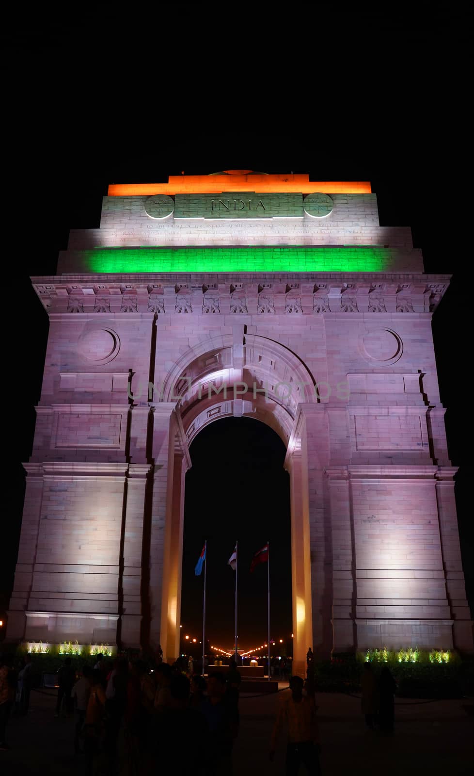 Delhi / India - May 01 2019: The India Gate is a war memorial located astride the Rajpath, on the eastern edge of the "ceremonial axis" of New Delhi,