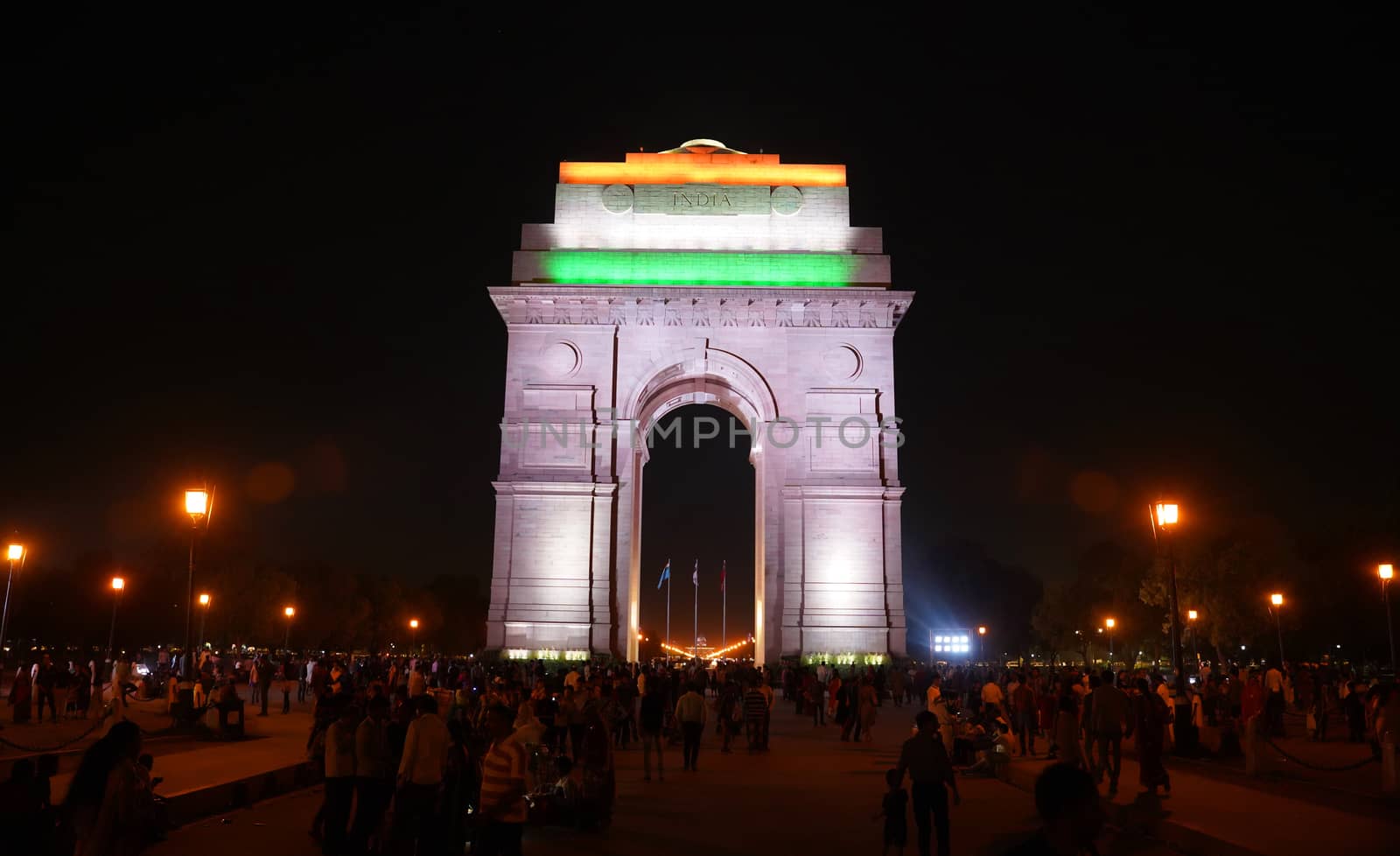 Delhi / India - May 01 2019: The India Gate is a war memorial located astride the Rajpath, on the eastern edge of the "ceremonial axis" of New Delhi,