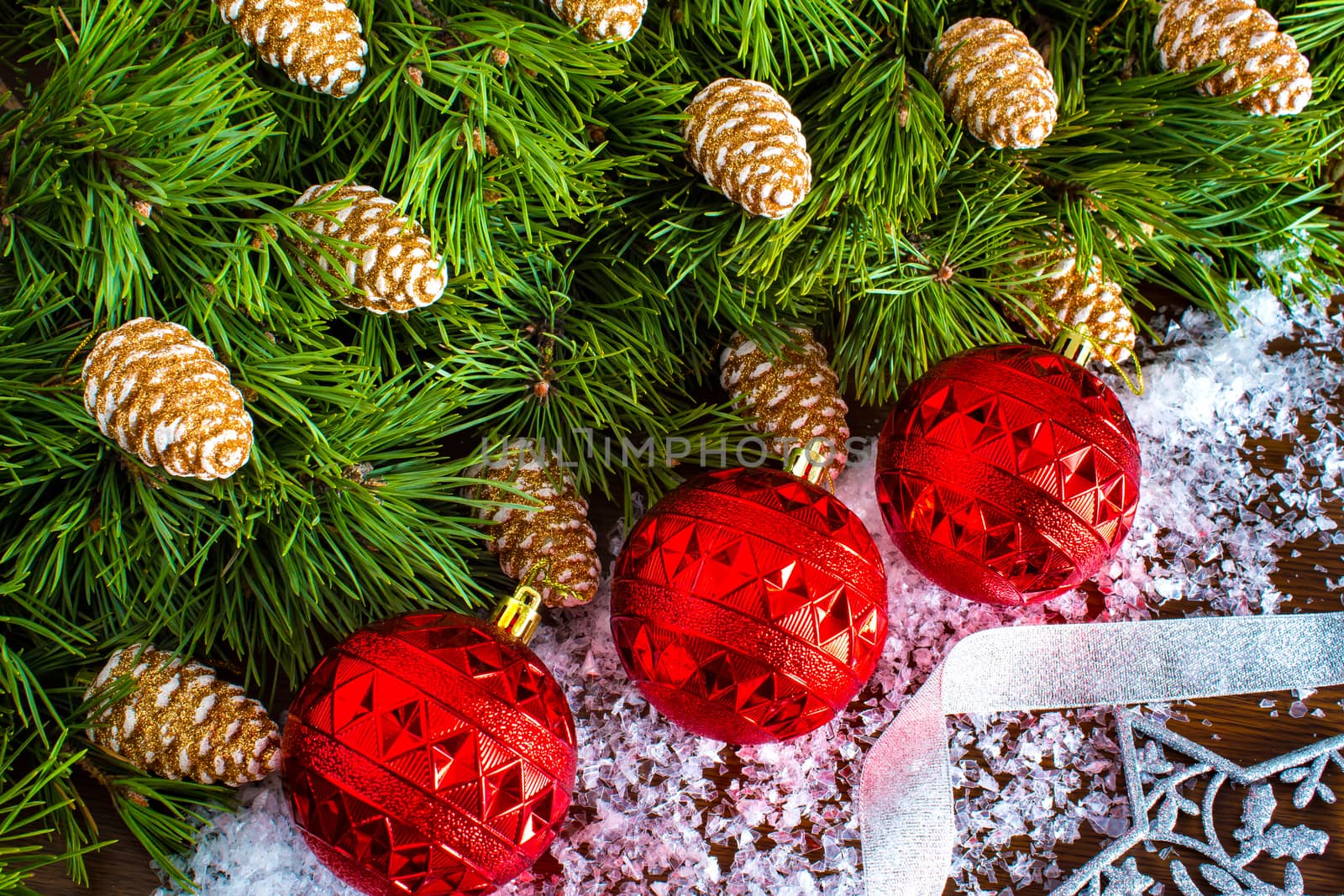 2020 New year and Christmas tree with cones and toys. Christmas wreath. New year celebrations