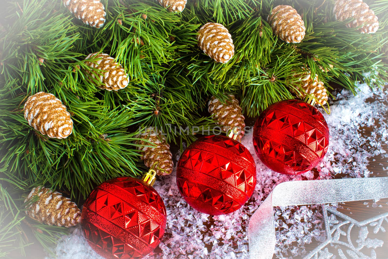 2020 New year and Christmas tree with cones and toys. Christmas wreath. New year celebrations