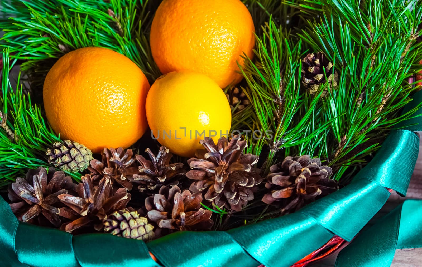 Christmas or new year  fruit basket top view. Oranges and lemon  by YevgeniySam