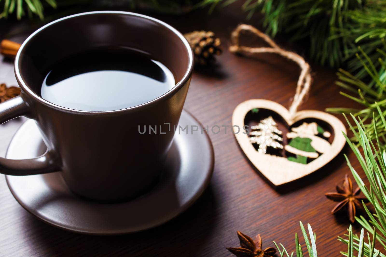 2020 Christmas new year concept with coffee Cup, Christmas tree and cones. Layout with a Cup of coffee for new year and Christmas.