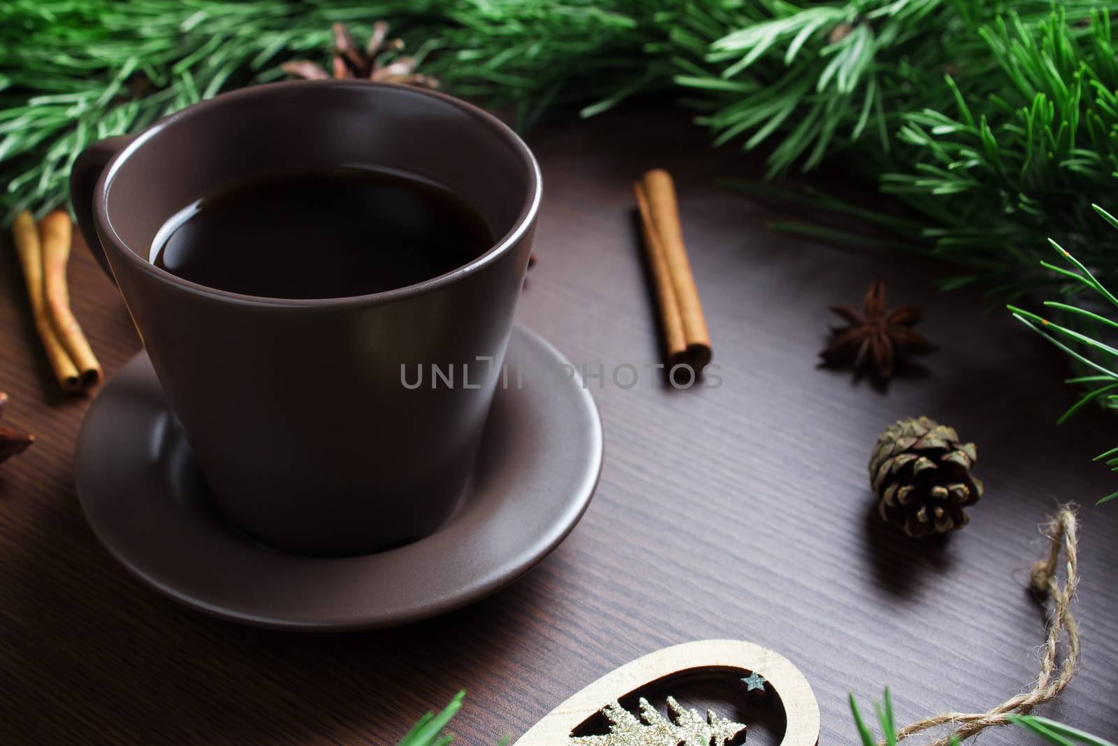 2020 Christmas new year concept with coffee Cup, Christmas tree and cones. Layout with a Cup of coffee for new year and Christmas.