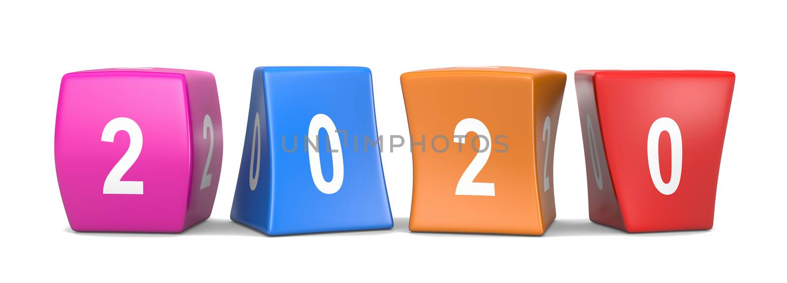 2020 White Text on Colorful Deformed Funny Cubes 3D Illustration on White Background