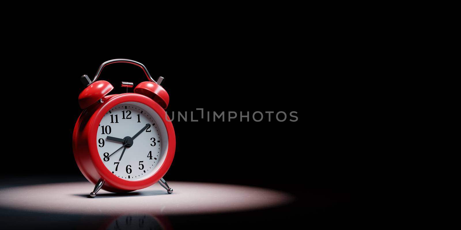 Red Classic Alarm Clock Spotlighted on Black Background with Copy Space 3D Illustration
