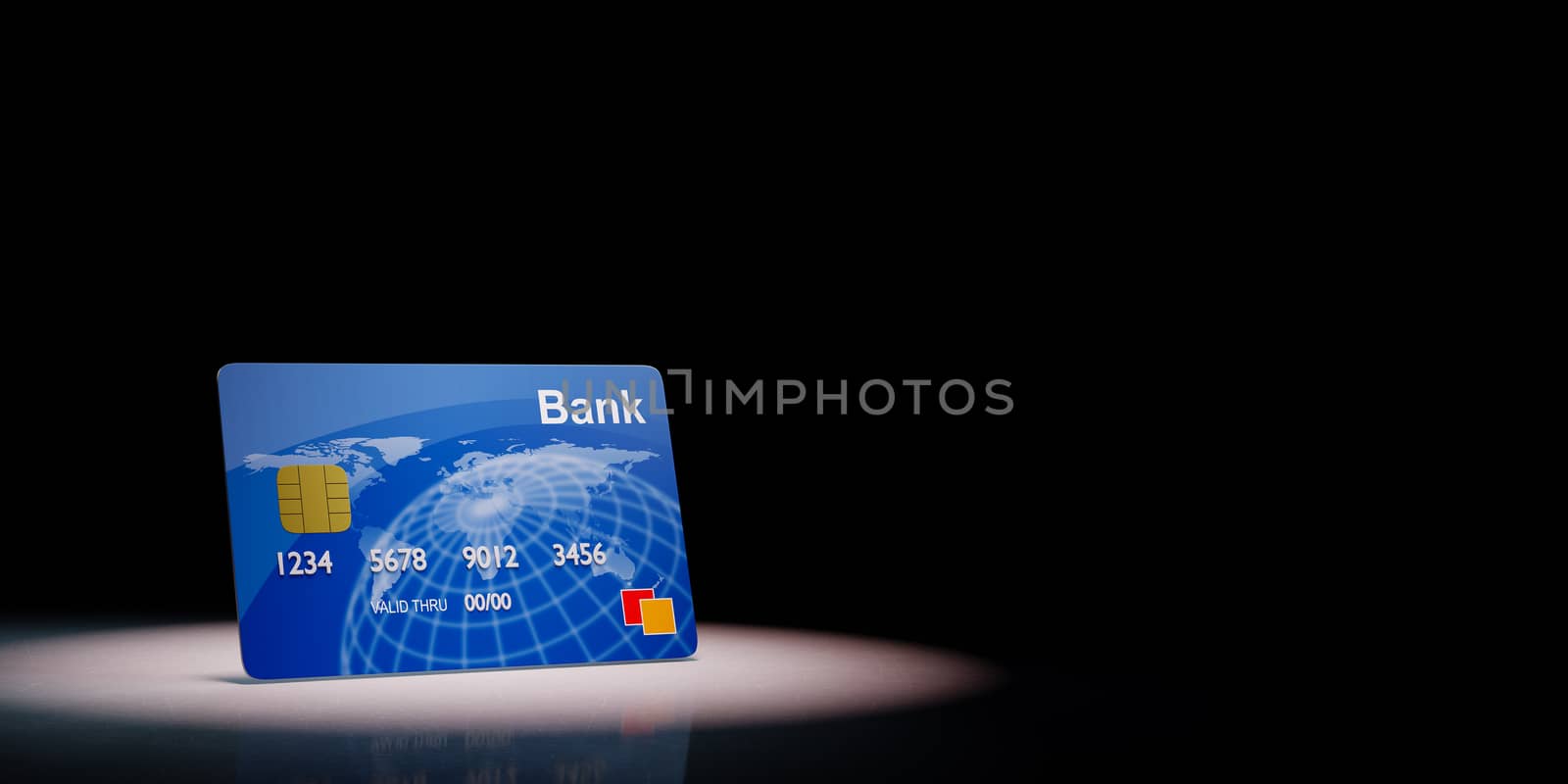 Single Blue Credit or Debit Card Spotlighted on Black Background with Copy Space 3D Illustration