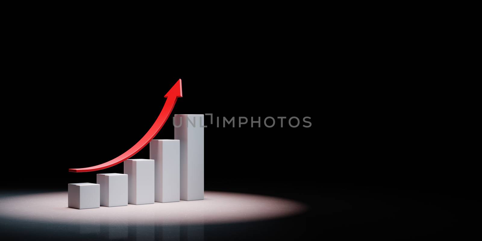 Growing Bar Chart with Rising Red Arrow Spotlighted on Black Background with Copy Space 3D Illustration