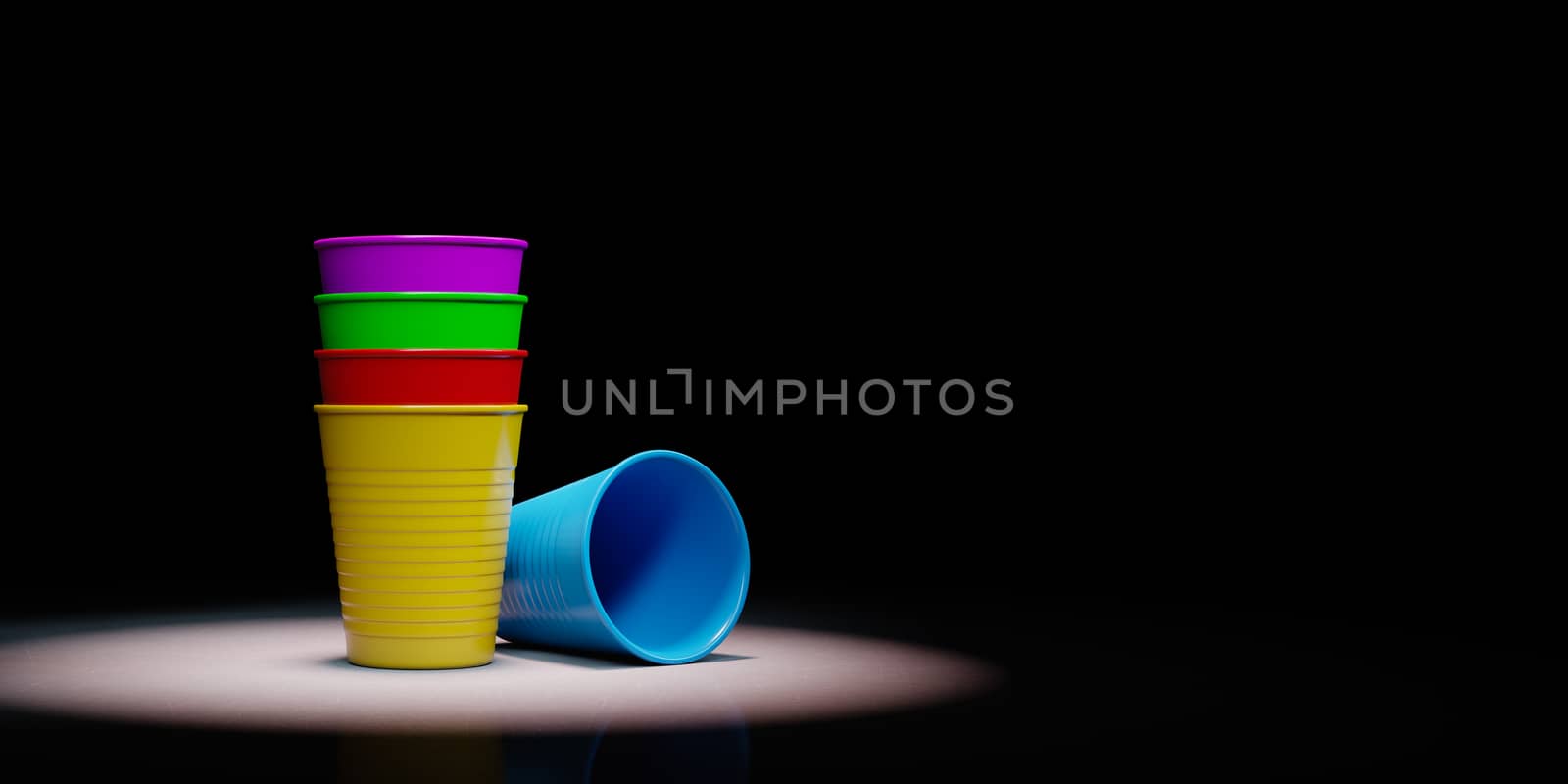 Pile of Colorful Plastic Cups Spotlighted on Black Background with Copy Space 3D Illustration