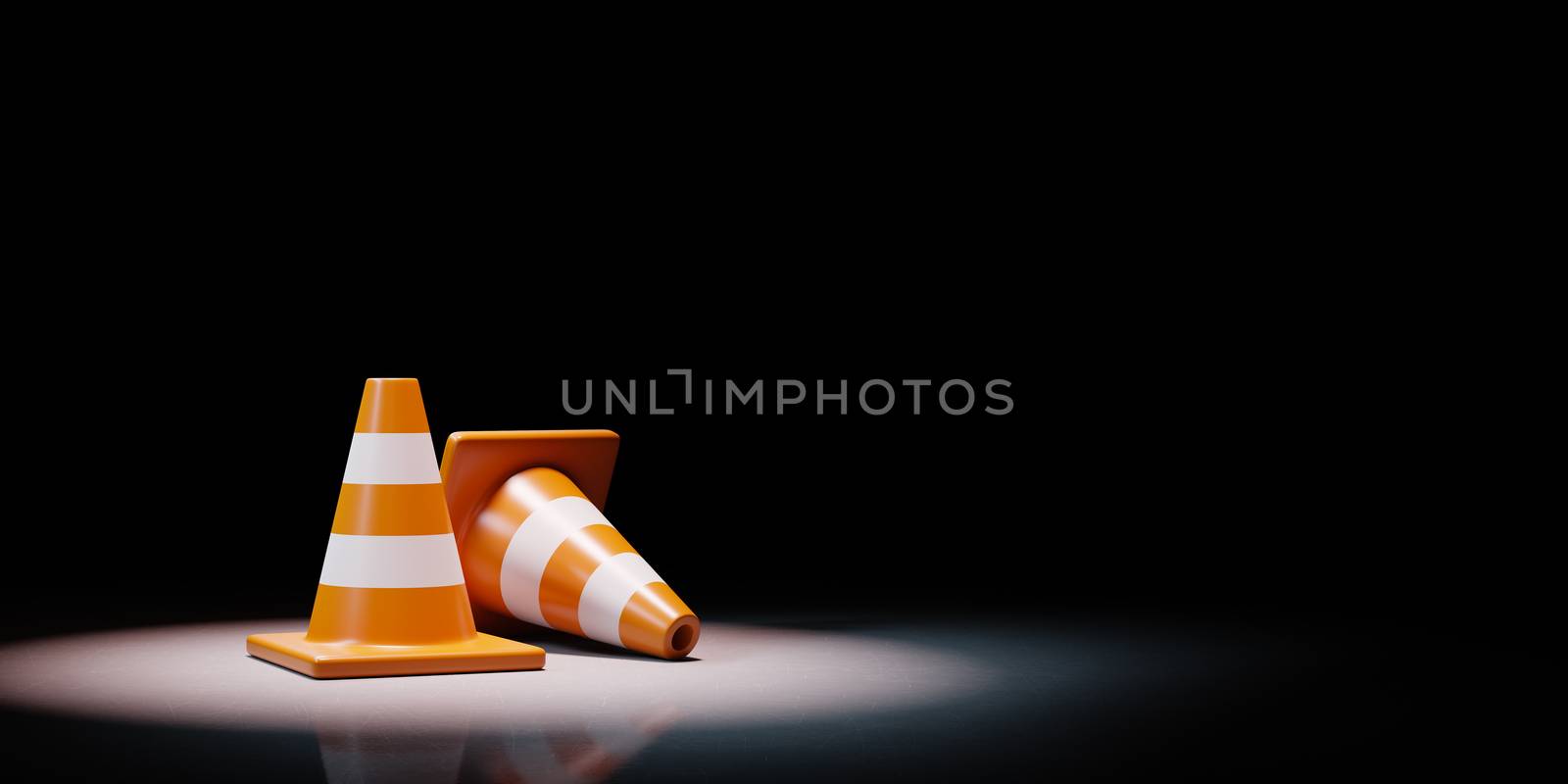 Two Orange Traffic Cones Spotlighted on Black Background with Copy Space 3D Illustration