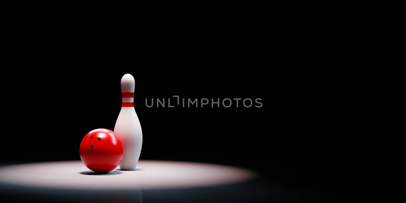 One Single White and Red Skittle with a Red Bowling Ball Spotlighted on Black Background with Copy Space 3D Illustration