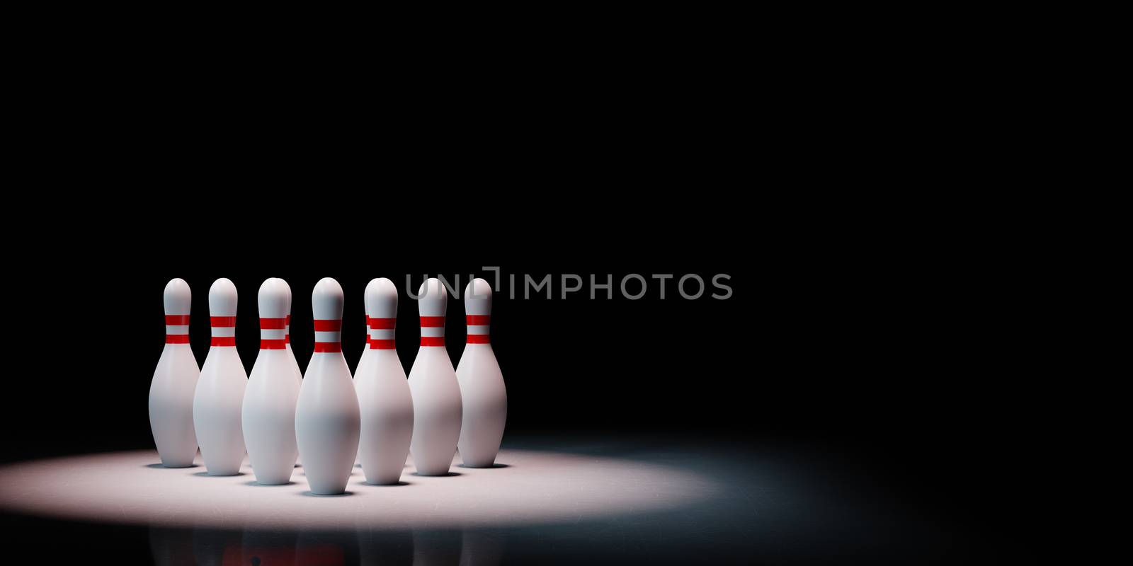 Red and White Bowling Skittles Spotlighted on Black Background with Copy Space 3D Illustration