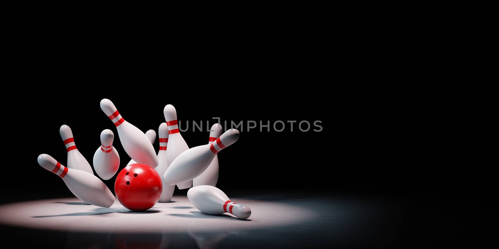Strike of Red and White Bowling Skittles with Red Ball Spotlighted on Black Background with Copy Space 3D Illustration