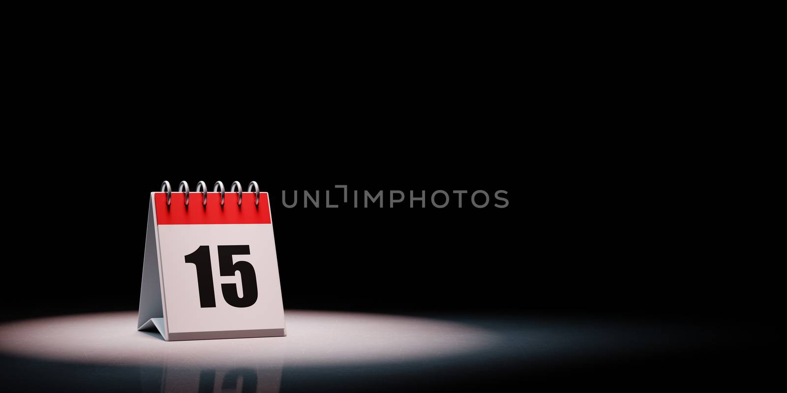 Red and White Single Day Desk Calendar Spotlighted on Black Background with Copy Space 3D Illustration, Day 15 of the Month