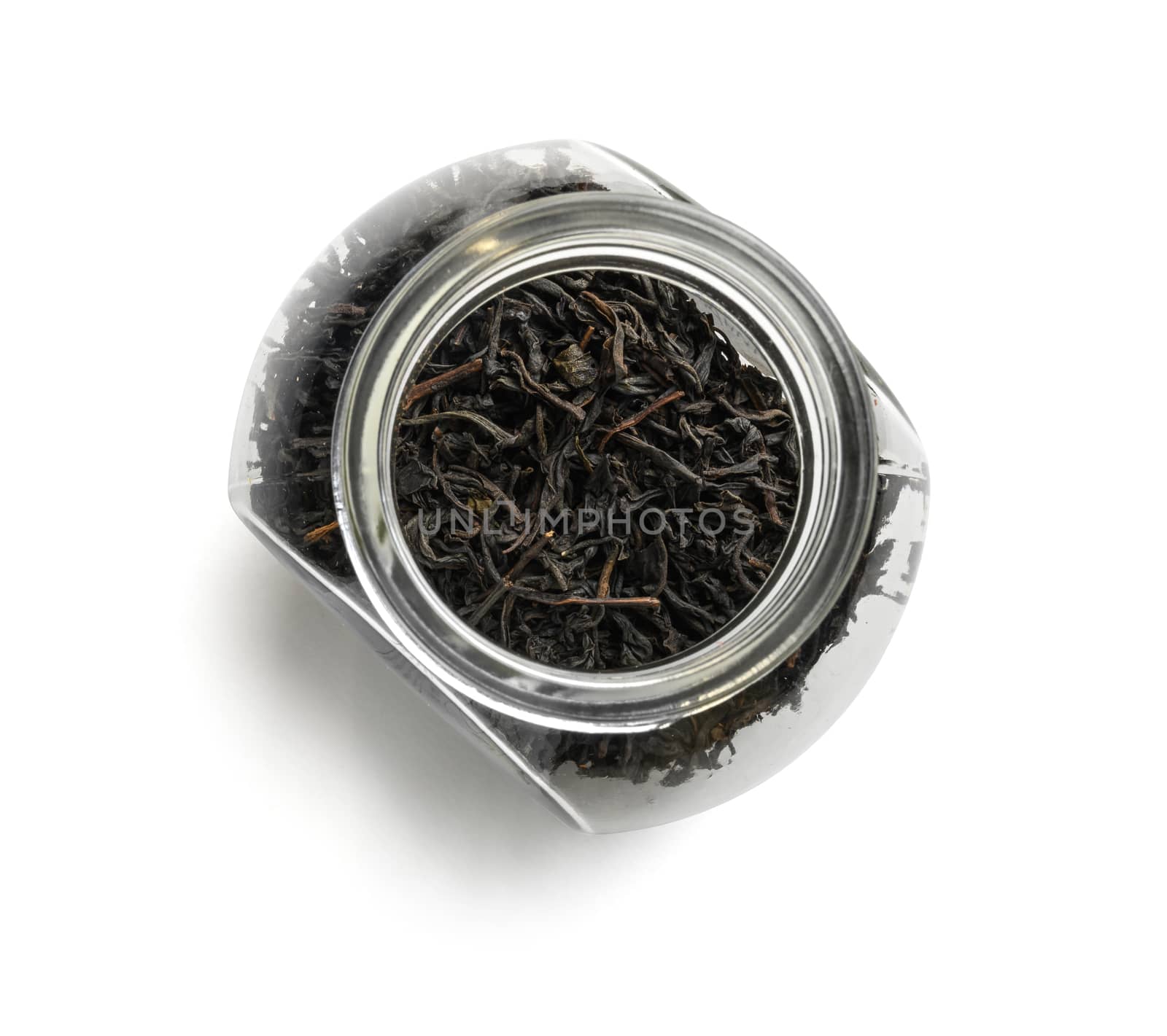 Black tea top view on white background.