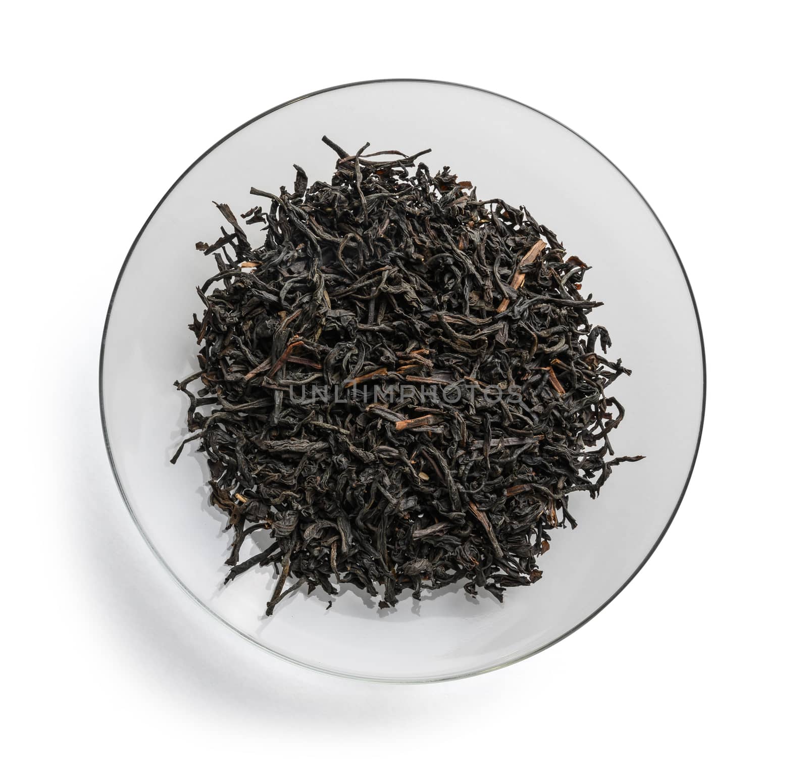 Black tea top view on white background.