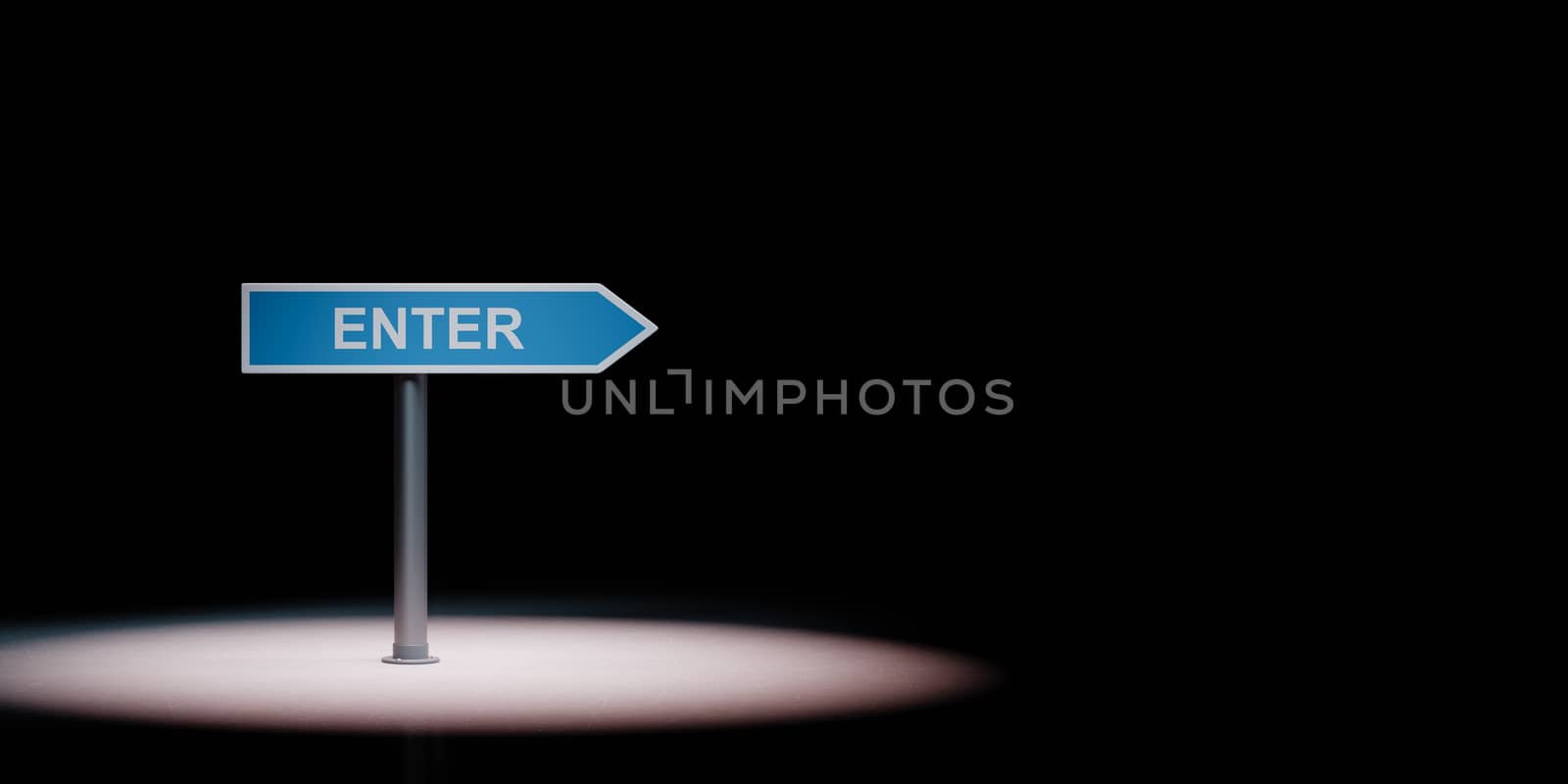 Blue Enter Directional Arrow Spotlighted on Black Background with Copy Space 3D Illustration