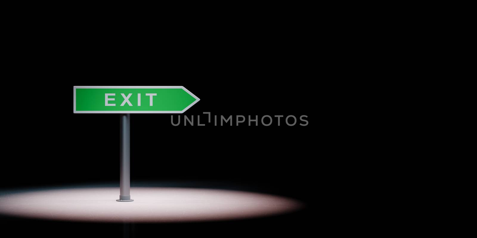 Green Exit Directional Arrow Spotlighted on Black Background with Copy Space 3D Illustration