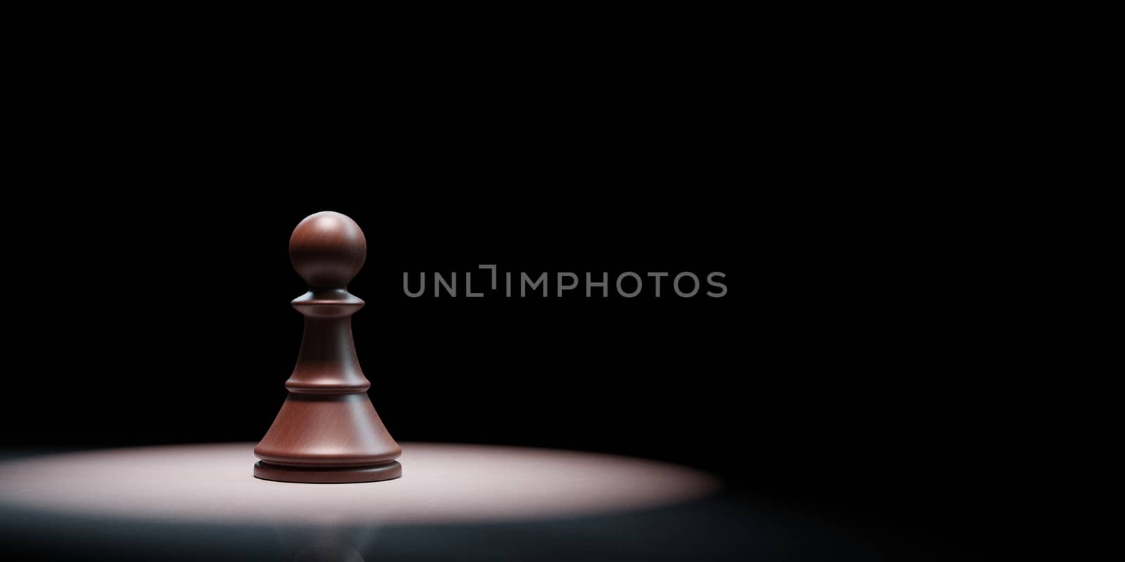 One Black Wooden Chess Pawn Spotlighted on Black Background with Copy Space 3D Illustration