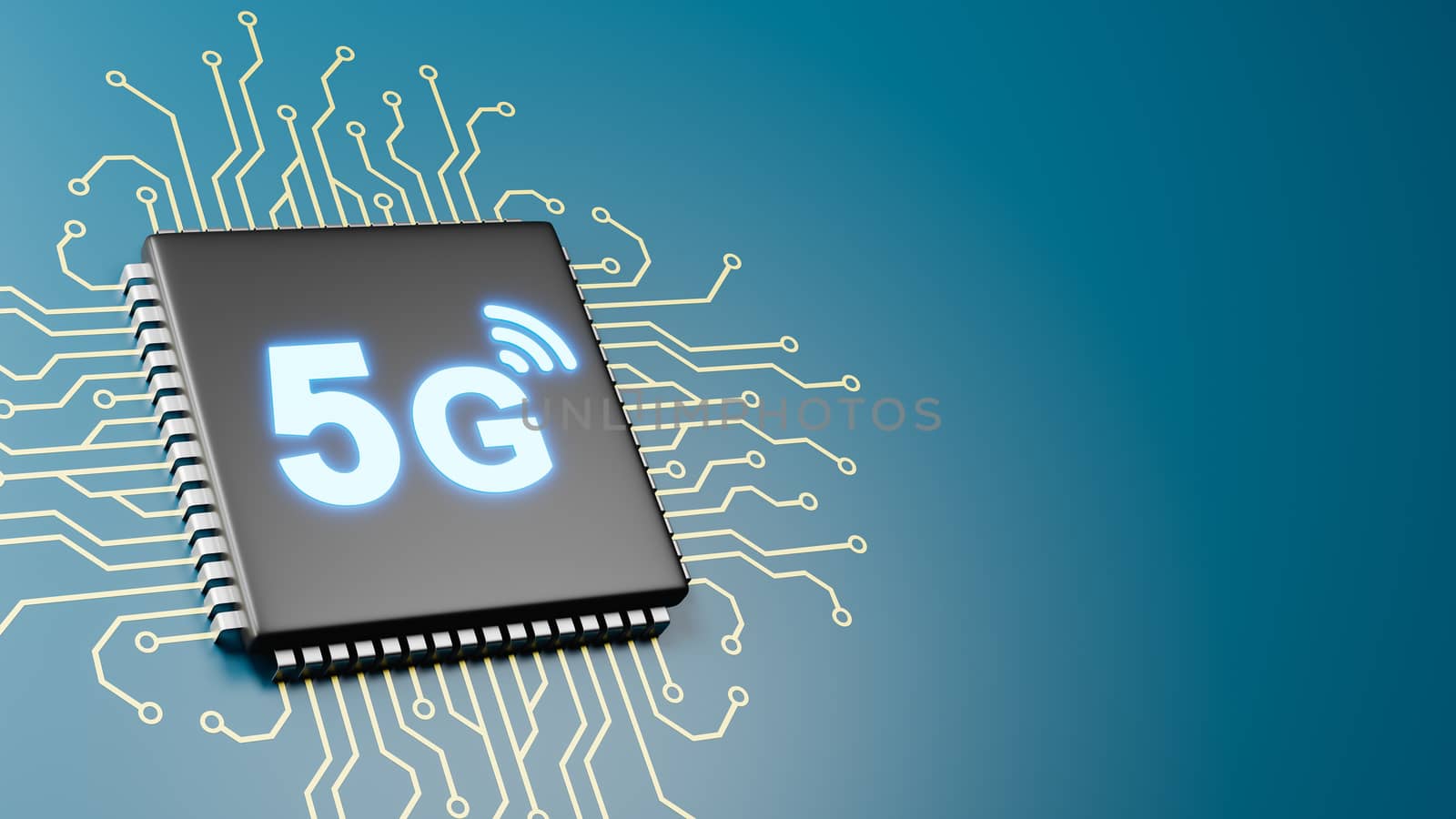 Computer Processor with 5G Text 3D Illustration on Blue Background with Copy Space, 5G Technology Concept