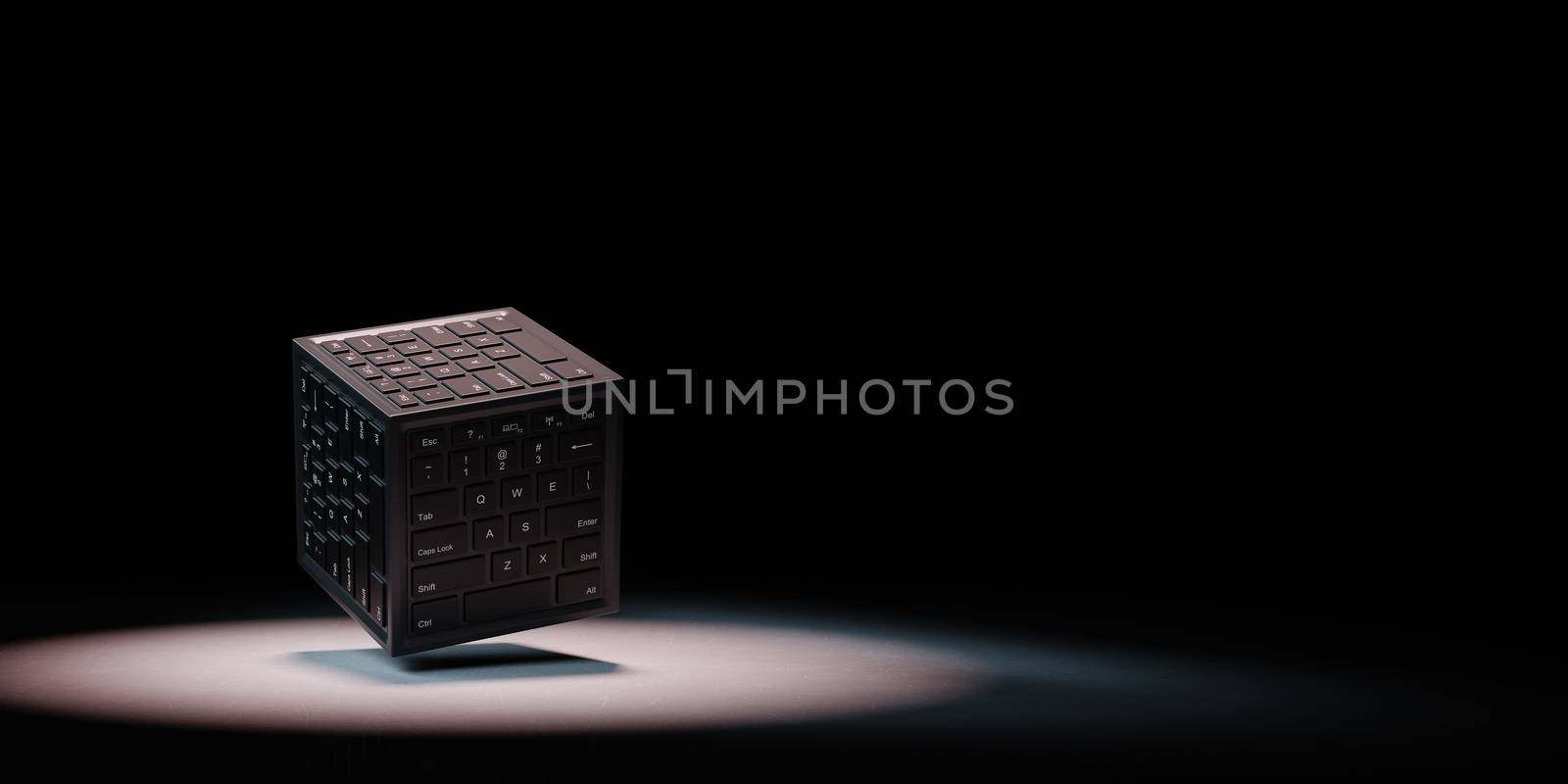 Cube Shape with Computer Keyboard on Faces Spotlighted on Black Background with Copy Space 3D Illustration