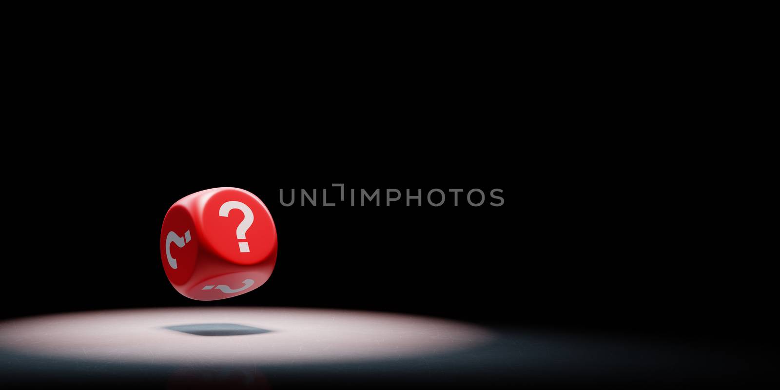 Red Dice with Question Mark on Every Face Spotlighted on Black Background with Copy Space 3D Illustration