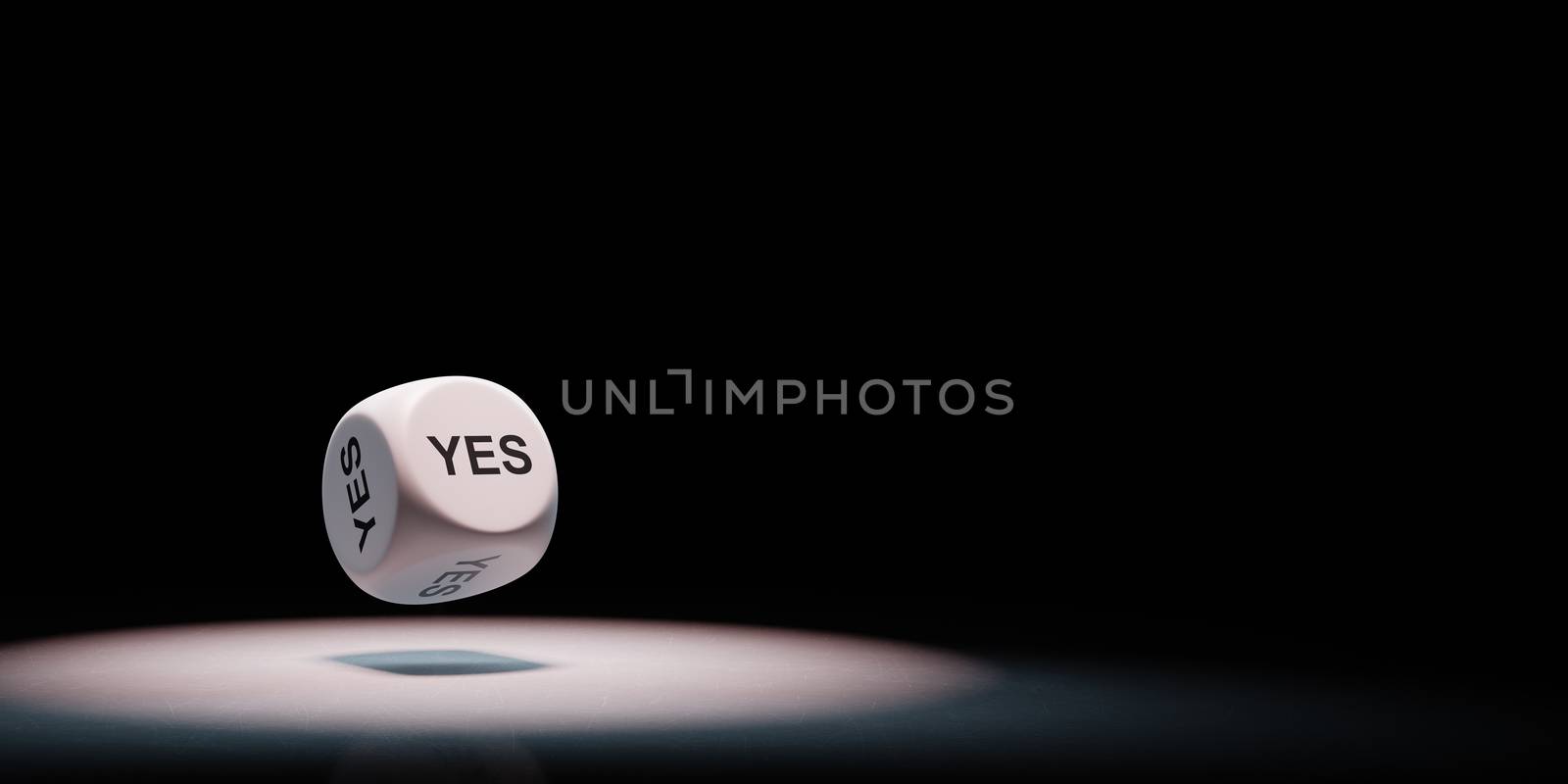 White Dice with Yes Text on Faces Spotlighted on Black Background with Copy Space 3D Illustration