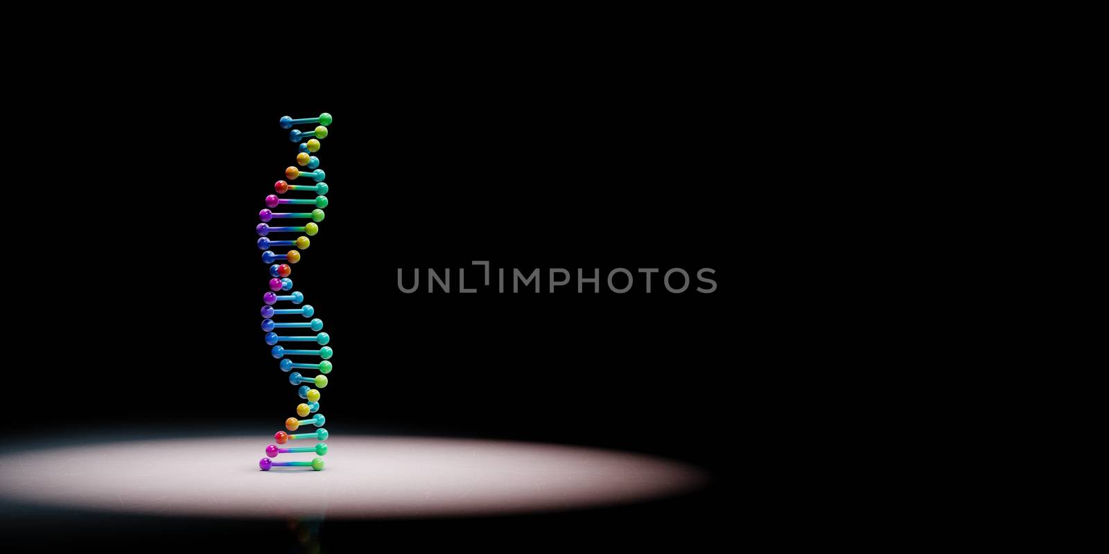 Colorful DNA Chain Spotlighted on Black Background with Copy Space 3D Illustration